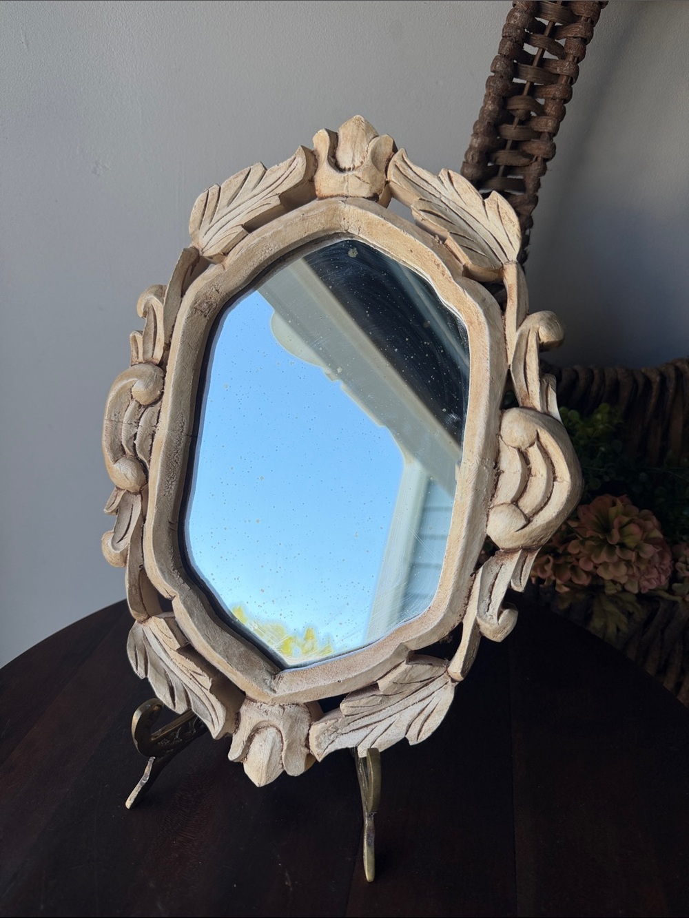 Hand-Carved Wooded Cream Decorative Wall Mirror - Brand Unknown